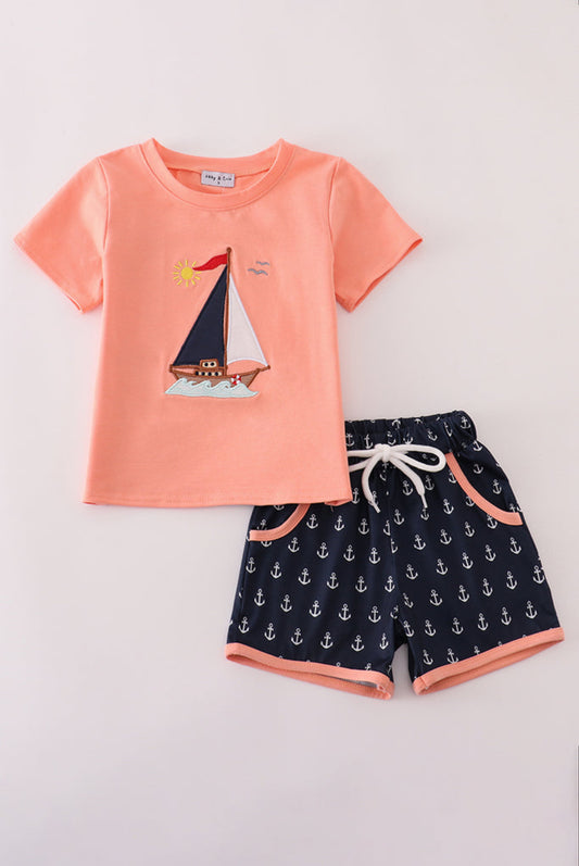 Coral Sailboat Appliqué Boy’s Shorts Set