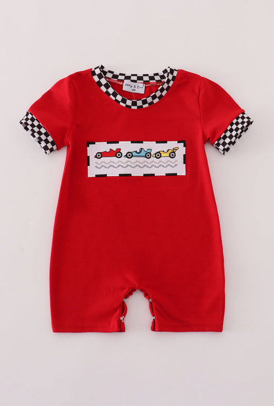 Red Racing Car Embroidery Checkered Boy Romper