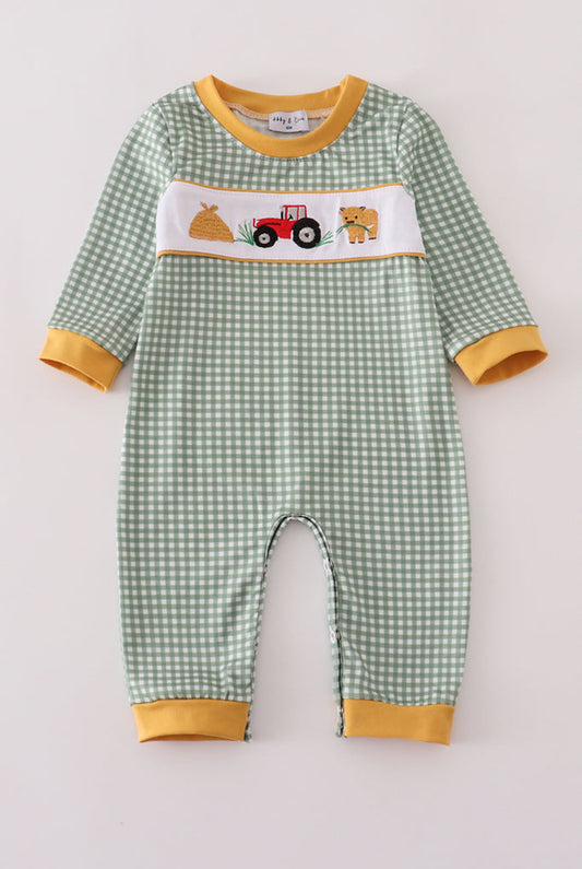 Highland Cow Embroidery Gingham Romper