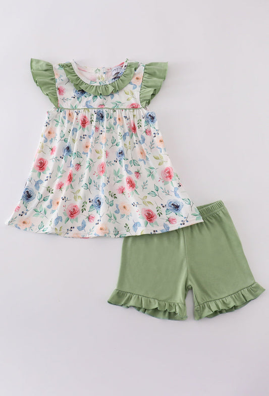 Green Garden Rose Girl’s Short set