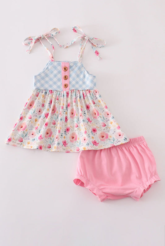 Pink Floral Print Strap Girl Bloomer Set