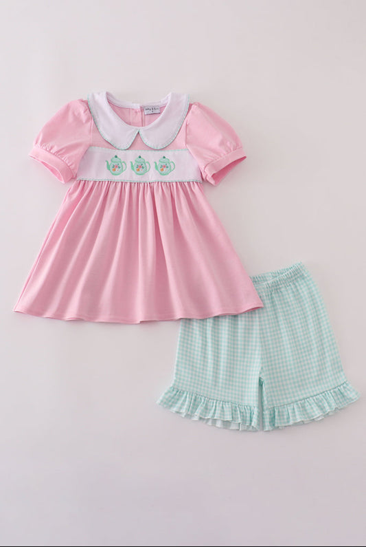 Pink Teapot Embroidery Puff Sleeve Girl’s Short Set