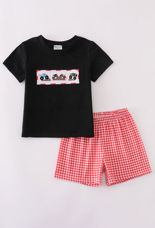 Black Monster Truck Embroidery Boy’s Shorts Set