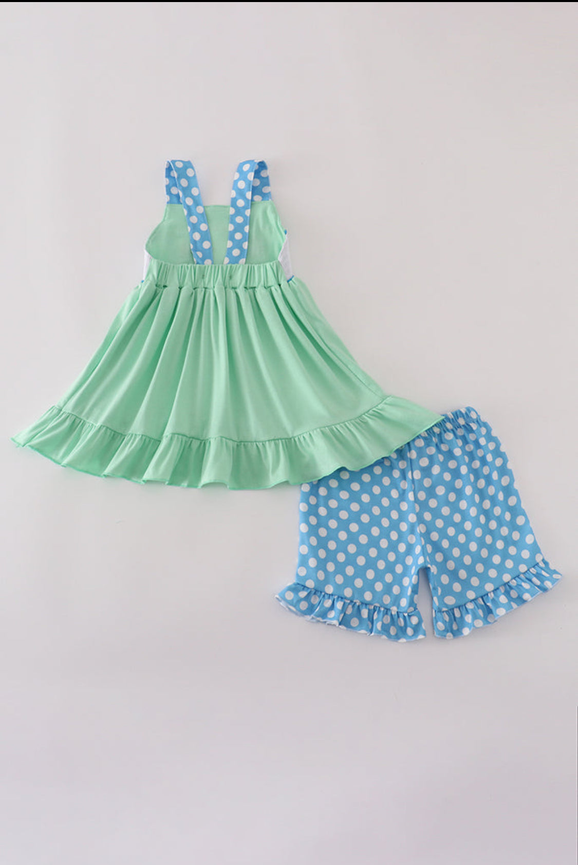 Blue Dot Character Embroidery Smocked Girl’s Short Set
