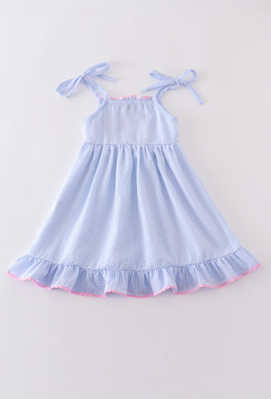 Blue Striped Seersucker Bow Embroidery Dress