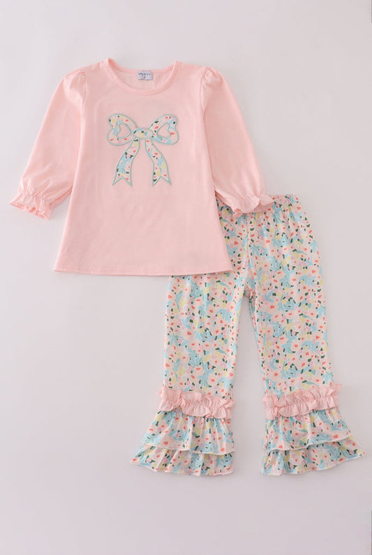 Pink Floral Bow Appliqué Ruffle Girl’s Pants Set