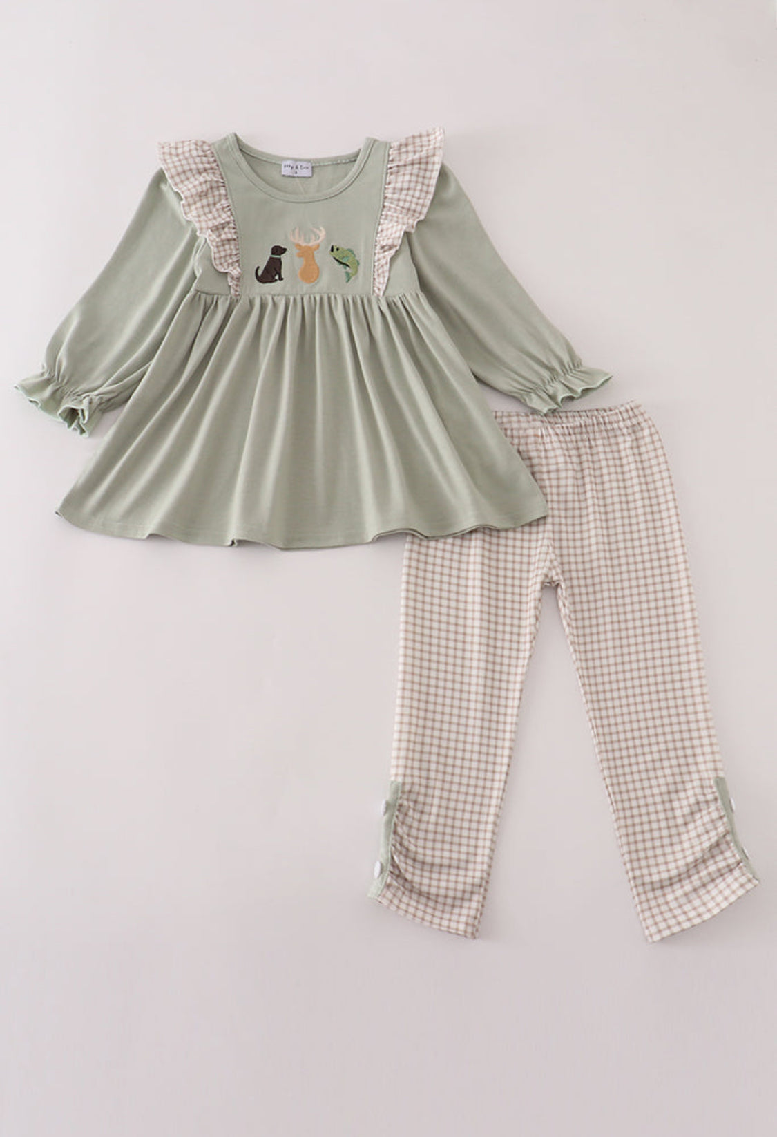 Blue Dog Deer Embroidery Ruffle Girl Pants Set