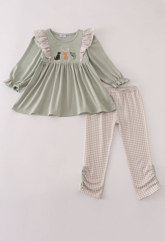 Blue Dog Deer Embroidery Ruffle Girl Pants Set