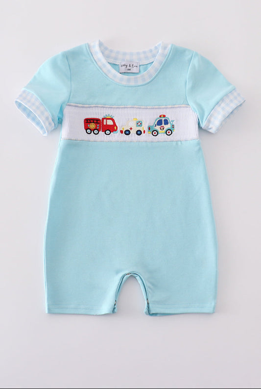 Blue Fire Truck Police Car Embroidery Smocked Boy’s Romper