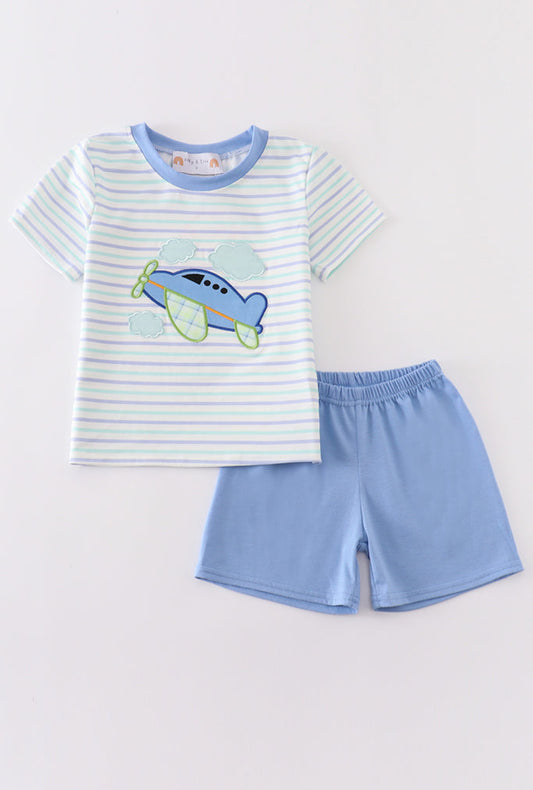 Blue Plane Appliqué Stripe Boy Set