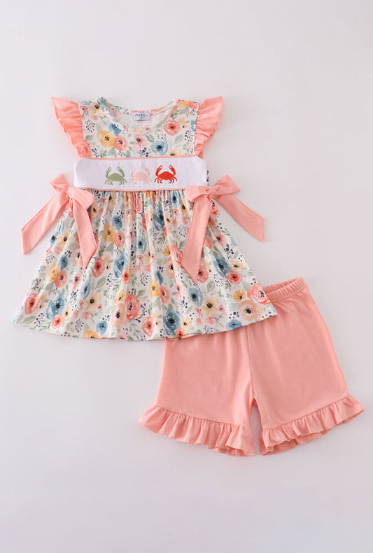 Floral Crab Embroidery Ruffle Girl’s Short Set