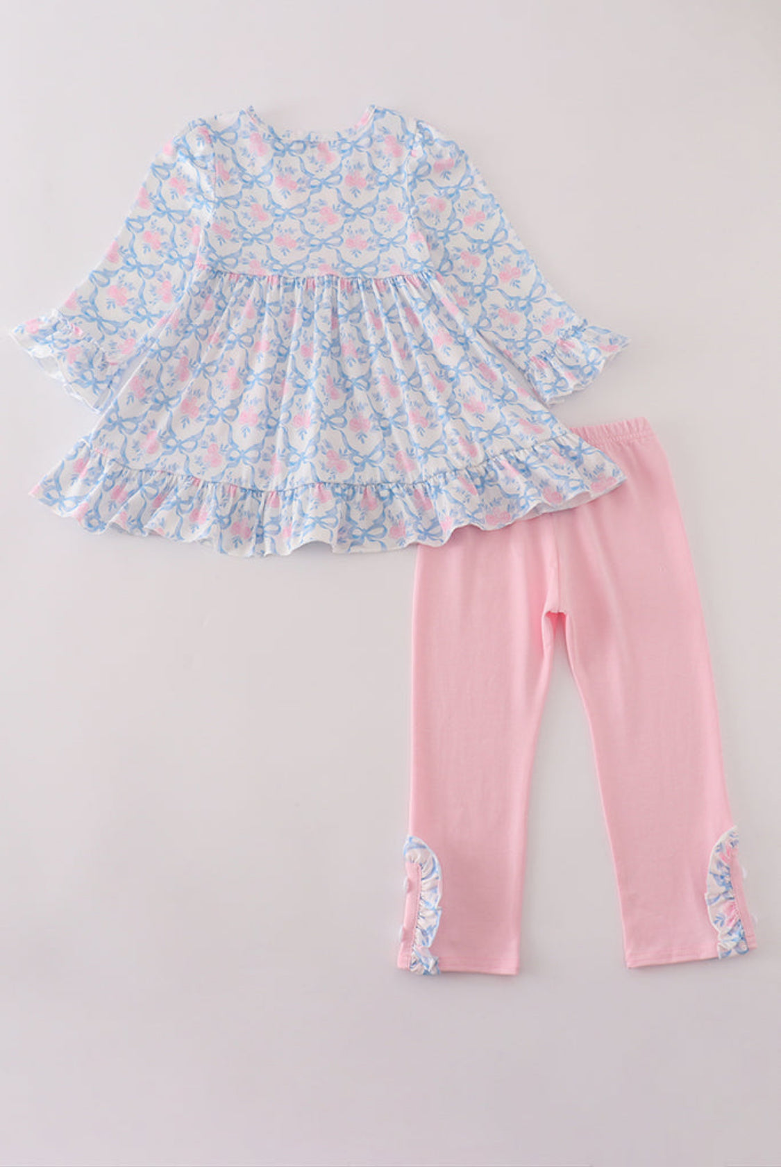 Blue Floral Bow Print Ruffle Girl’s Pants Set