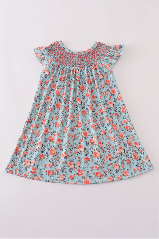 Blue Floral Smocked Dress
