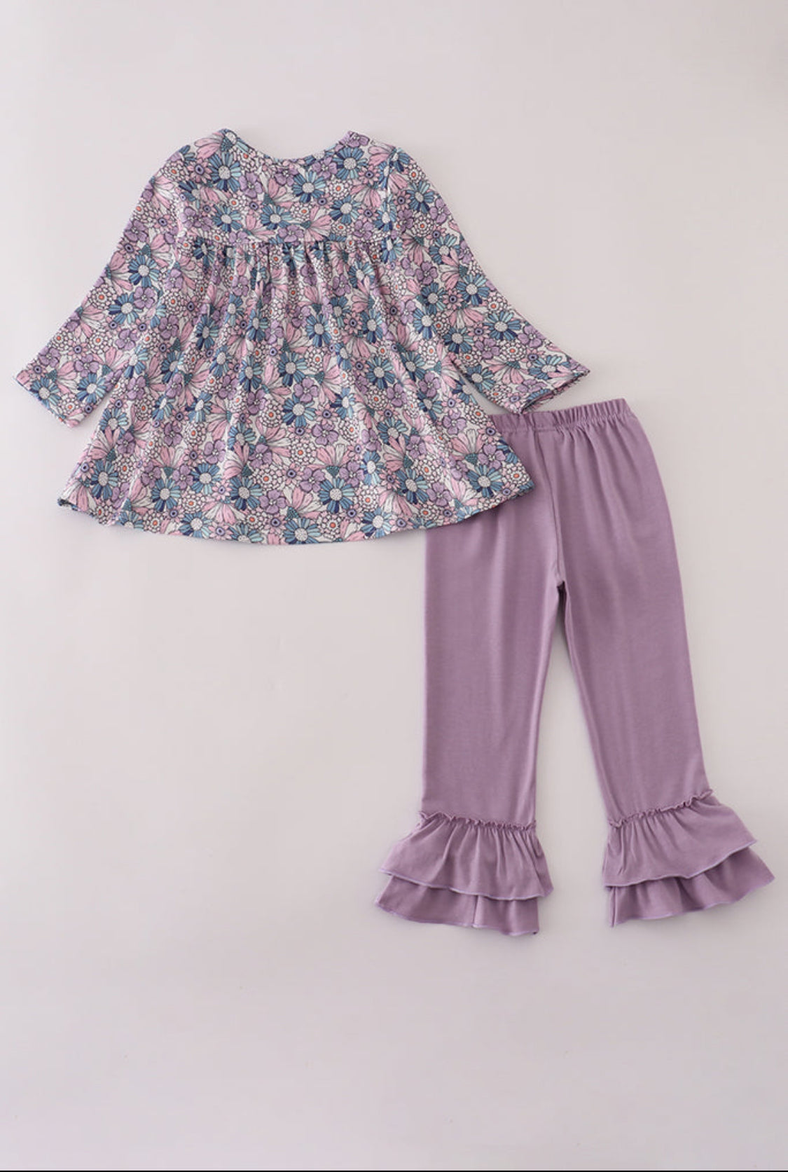 Purple Floral Bow Ruffle Girl Pants Set