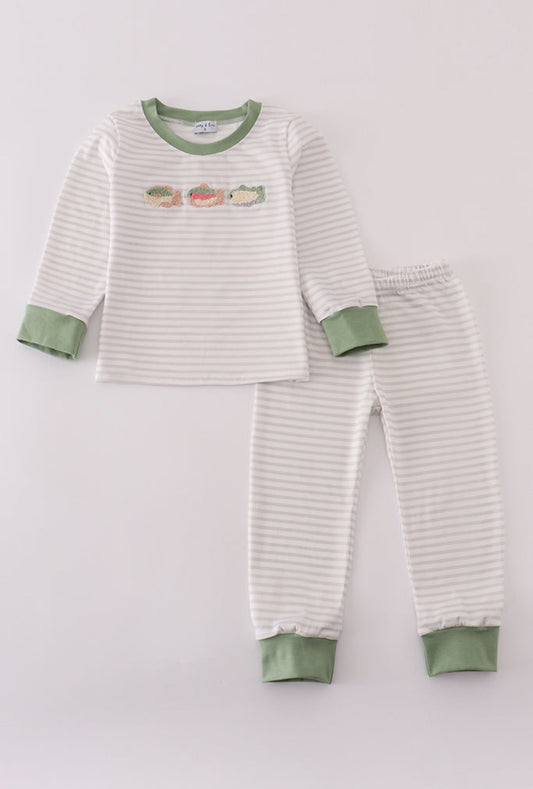 Sage Fish French Knot Stripe Boy’s Pajama Set