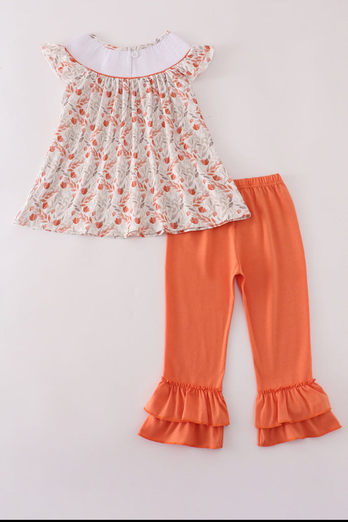 Fall Leaves Embroidery Smocked Ruffle Girl Pants Set