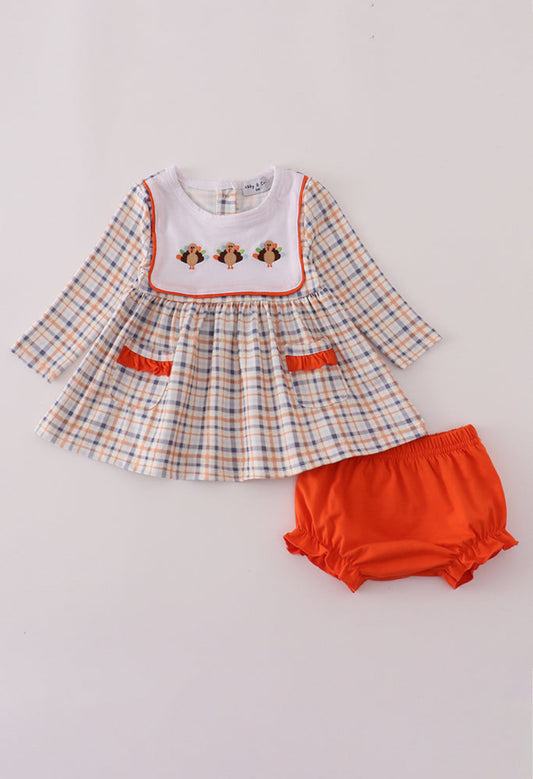 Orange Turkey Embroidery Plaid Girl’s Bloomer Set