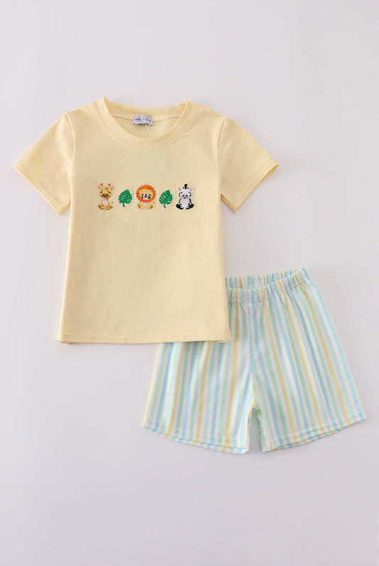 Yellow Stripe Animal Embroidery Boy’s Short Set