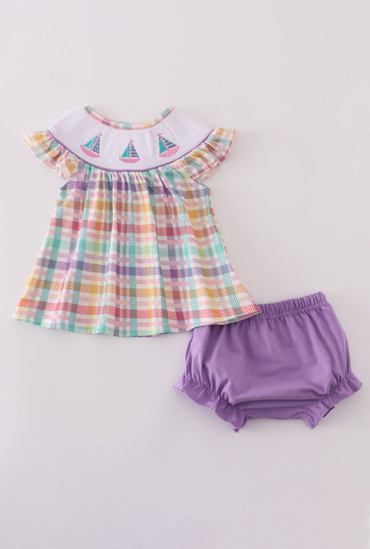 Purple Sailboats Embroidery Girl’s Bloomer Set