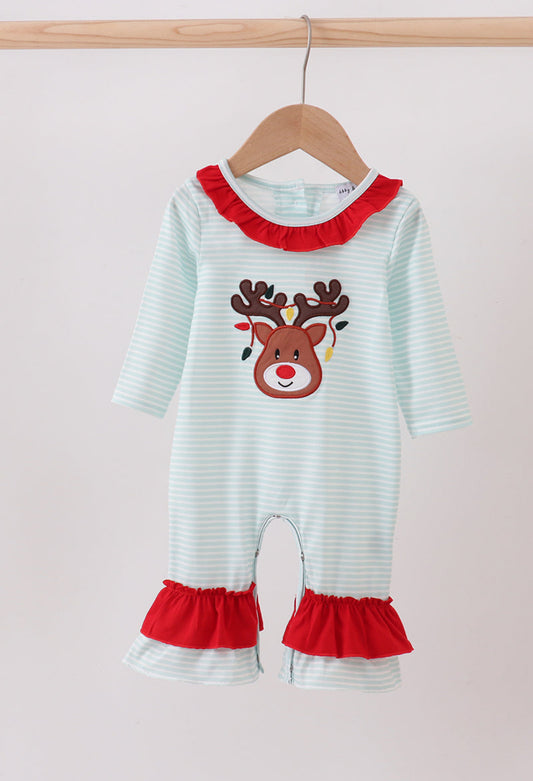 Blue Reindeer Applique Stripe Ruffle Girl’s Romper