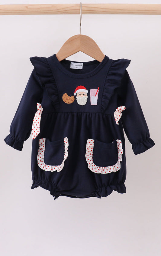 Navy Christmas Santa Cookie Milk Embroidery Ruffle Girl’s Bubble