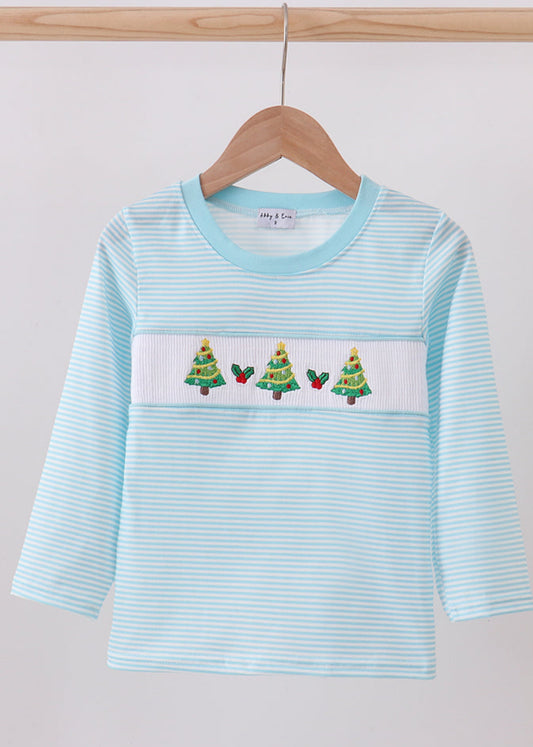 Blue Stripe Christmas Tree Boy’s Smocked Top