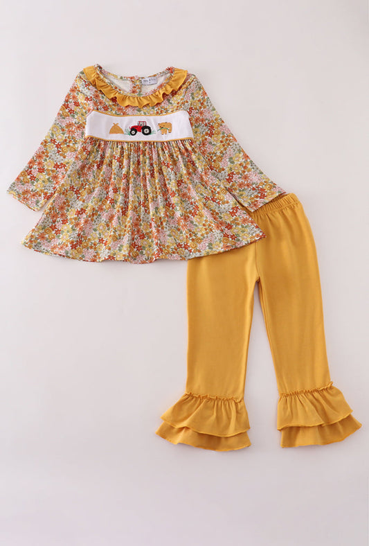 Highland Cow Embroidery Ruffle Pants Set