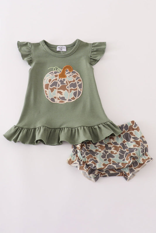 Camouflage Print Pumpkin Appliqué Ruffle Girl’s Bloomer Set