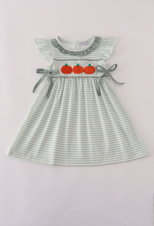 Sage Stripe French Knot Ruffle Dress