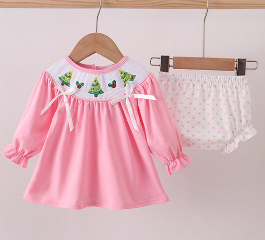 Pink Christmas Tree Smocked Girl’s Bloomer Set