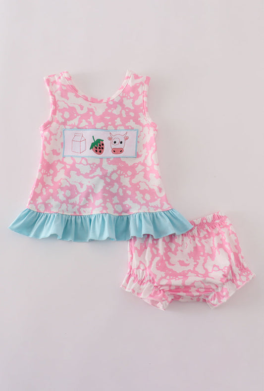 Pink Strawberry Milk Cow Embroidery Girl’s Bloomer Set