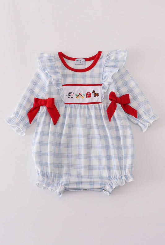 Blue Farm Embroidery Plaid Ruffle Girl’s Bubble