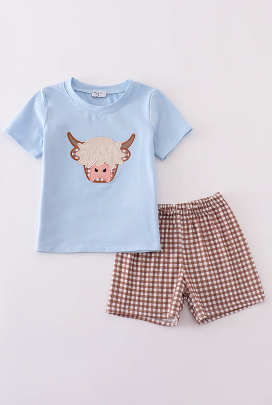Blue Highland Cow Appliqué Boy’s Short Set