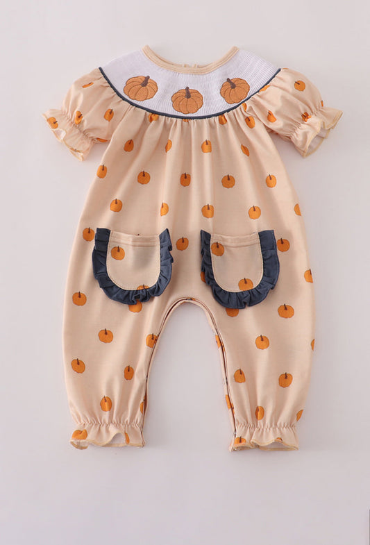 Khaki Embroidery Smocked Girl’s Romper