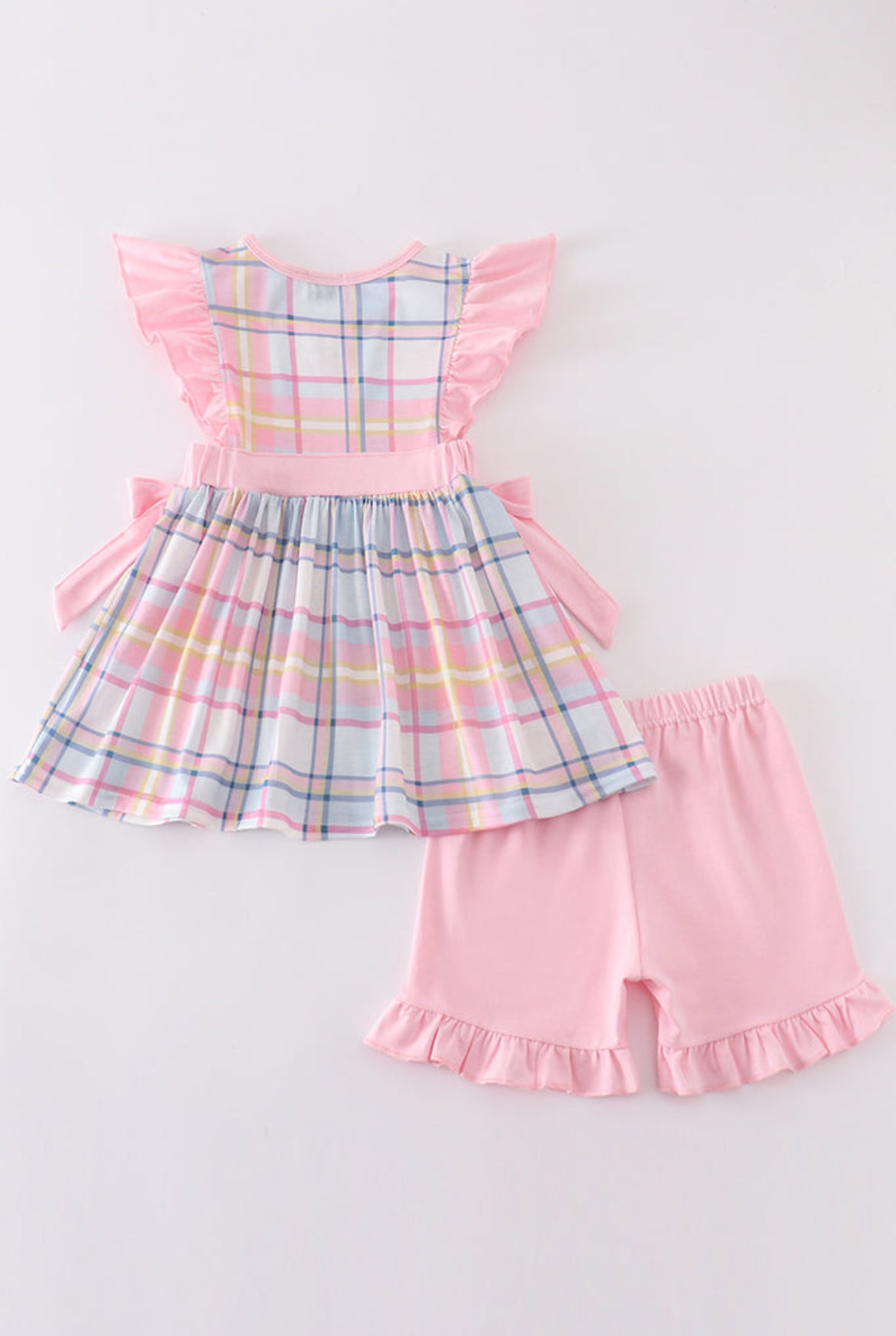 Girl’s Pink Plaid Character Embroidered Shorts Set