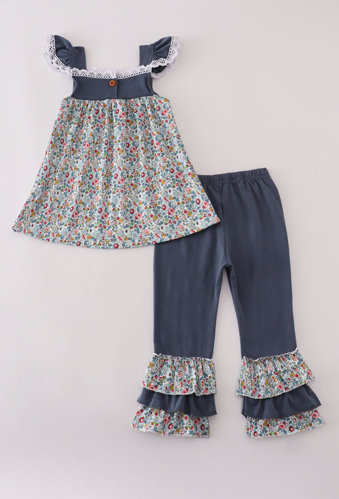 Blue Meadow Charm Lace Girl’s Ruffle Pant Set