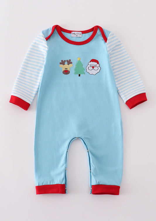 Blue Deer Tree Santa Embroidery Boy’s Romper