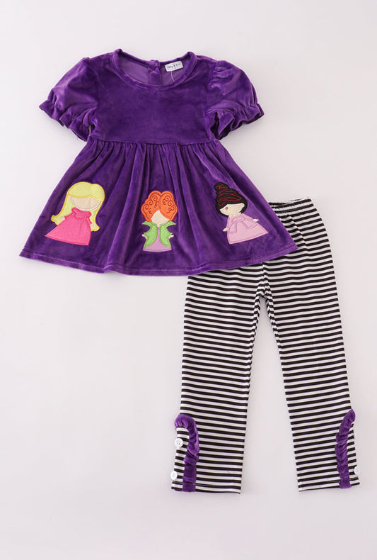 Purple Halloween Witch Appliqué Velvet Girl’s Pants Set