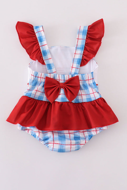 Flag Embroidery Smocked plaid girl’s 1 pc Swimsuit UPF50+
