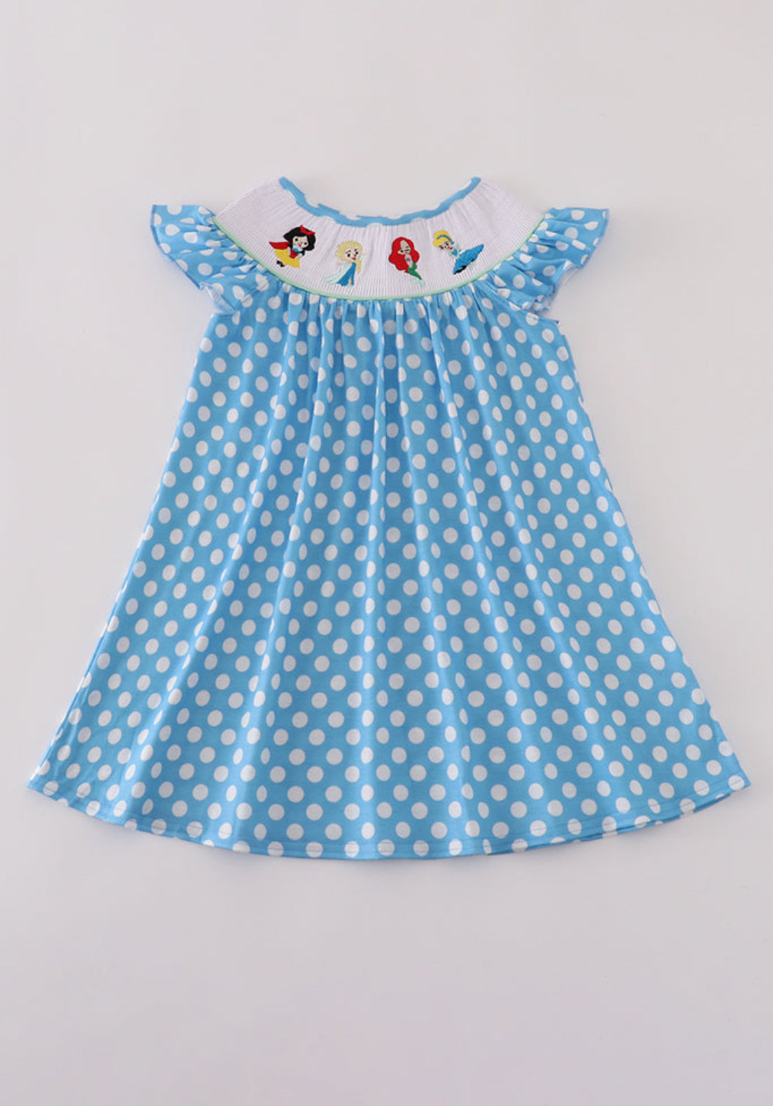 Blue Dot Character Embroidery Smocked Dress