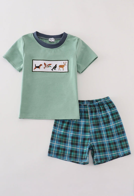 Green Hunting Embroidery Plaid Boy’s Short Set