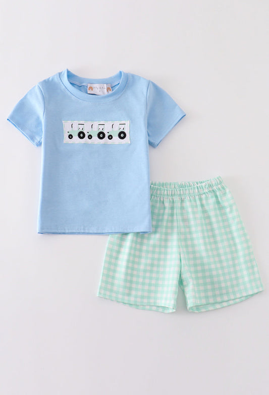 Blue Tractor Embroidery Boy Set