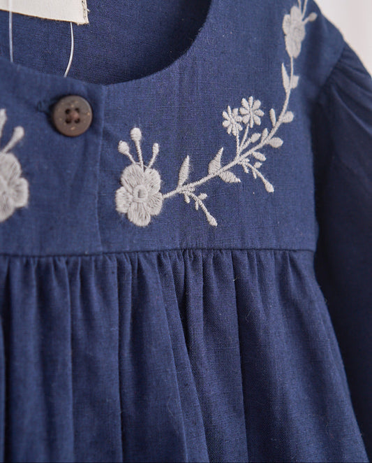 Navy Floral Embroidery Linen Girl Dress