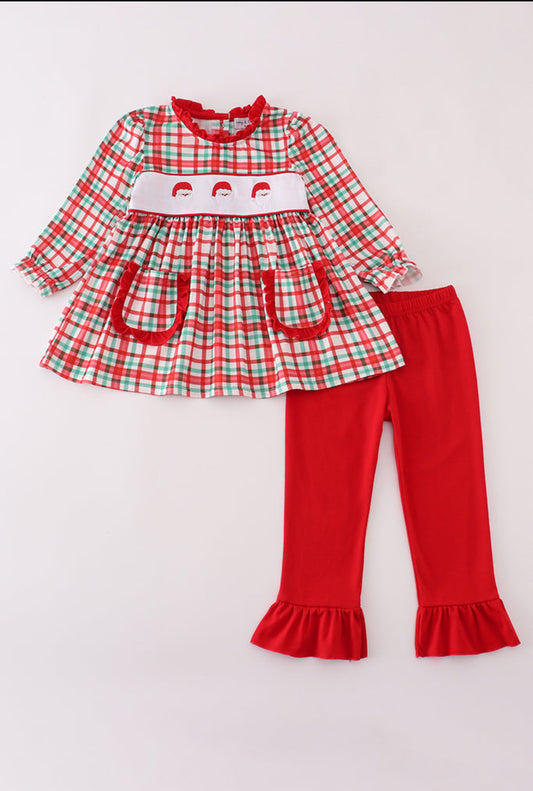 Red Santa Claus Embroidery Plaid Ruffle Girl’s Pants Set