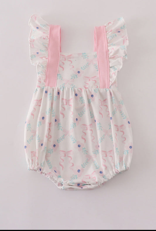 Pink Floral Bow Print Girl’s Ruffle Bubble