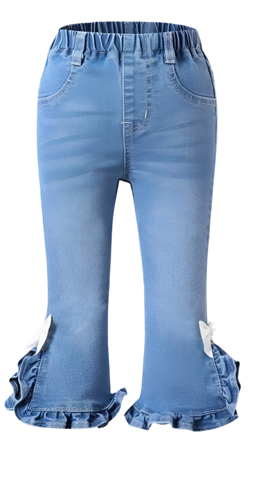 Girl’s Light Wash Denim Jeans with Ruffled Hem and Bow Accents