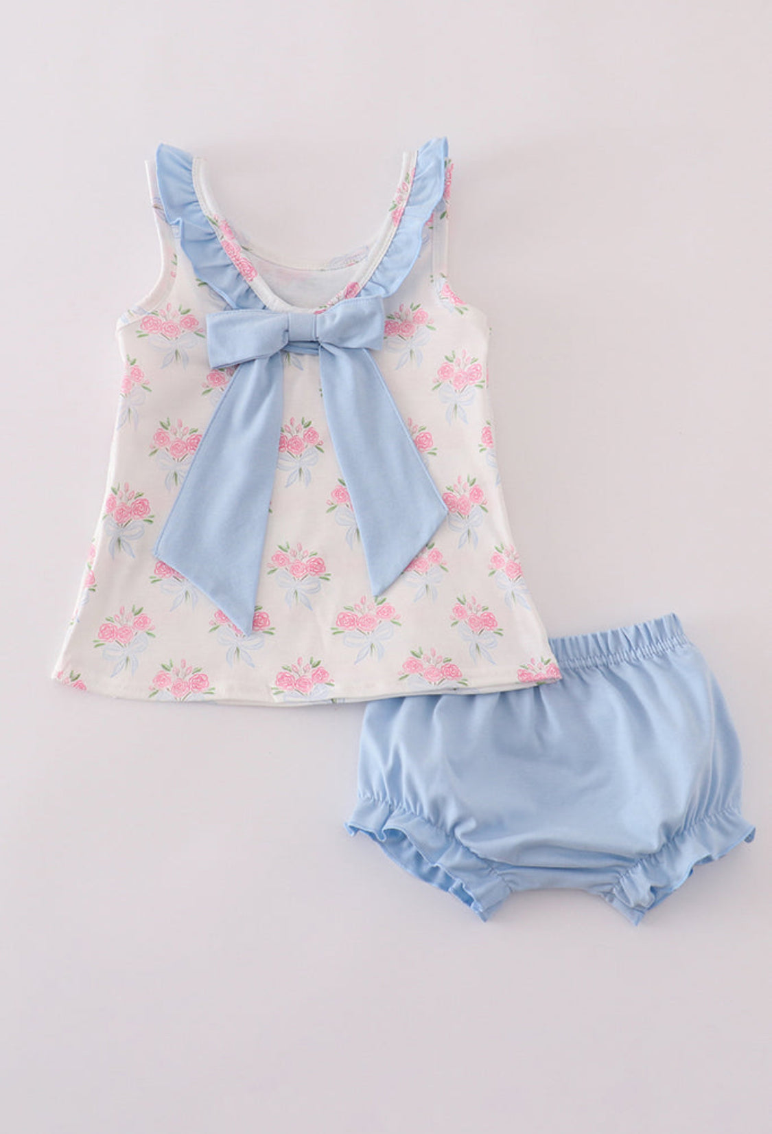 Blue Floral Bow Print Ruffle Girl’s Bloomer Set