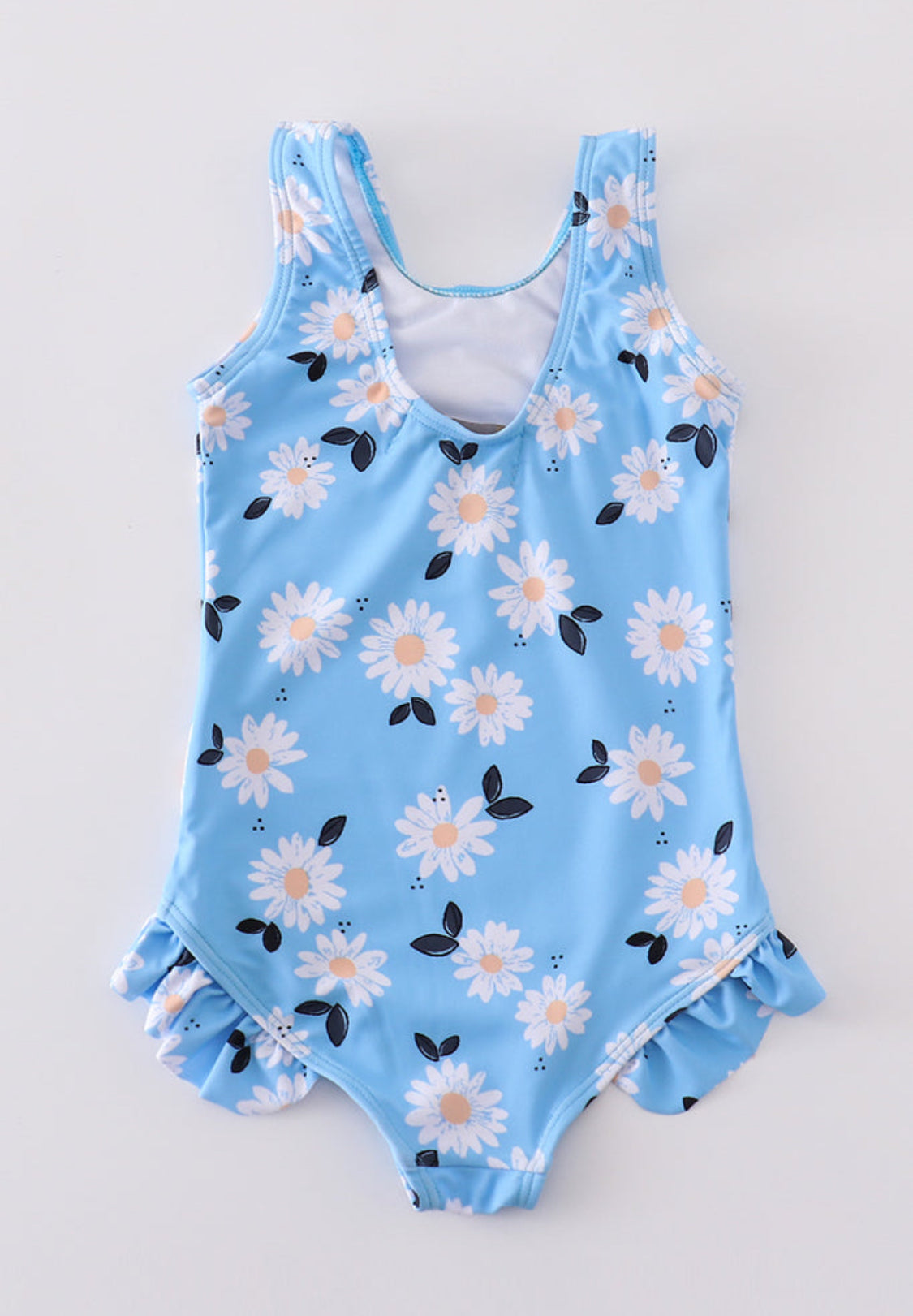 Blue Daisy Print One Piece Girl Swimsuit, UPF 50+