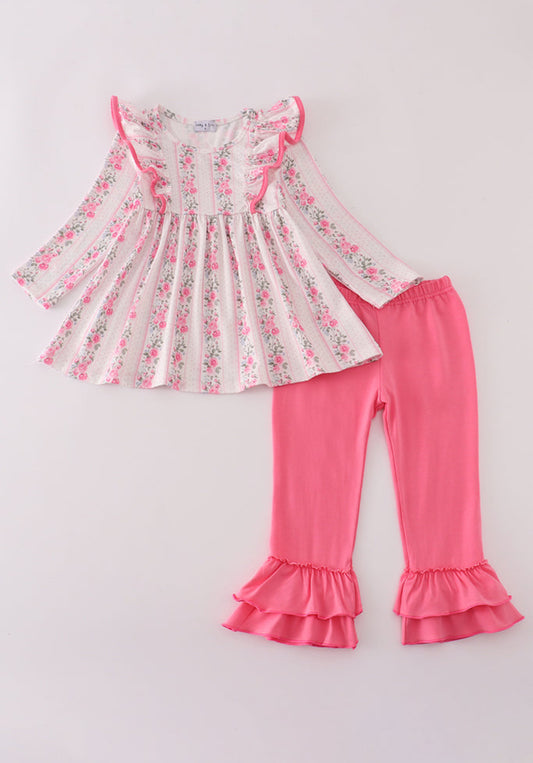 Pink Floral Print Ruffle Girl’s Pants Set