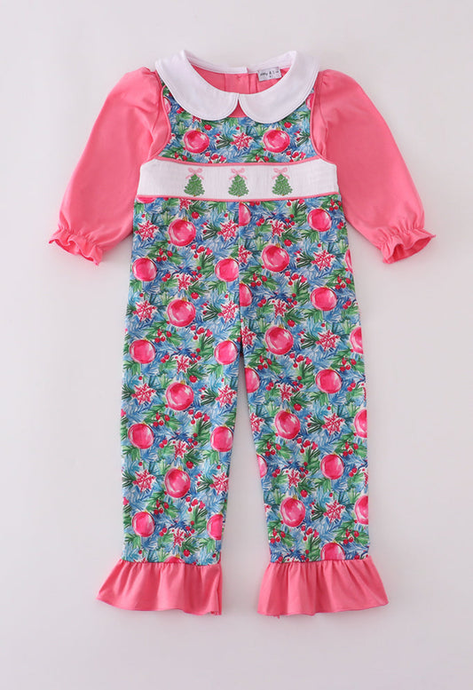 Blue Christmas Tree Smocked Ruffle Girl’s Jumpsuit